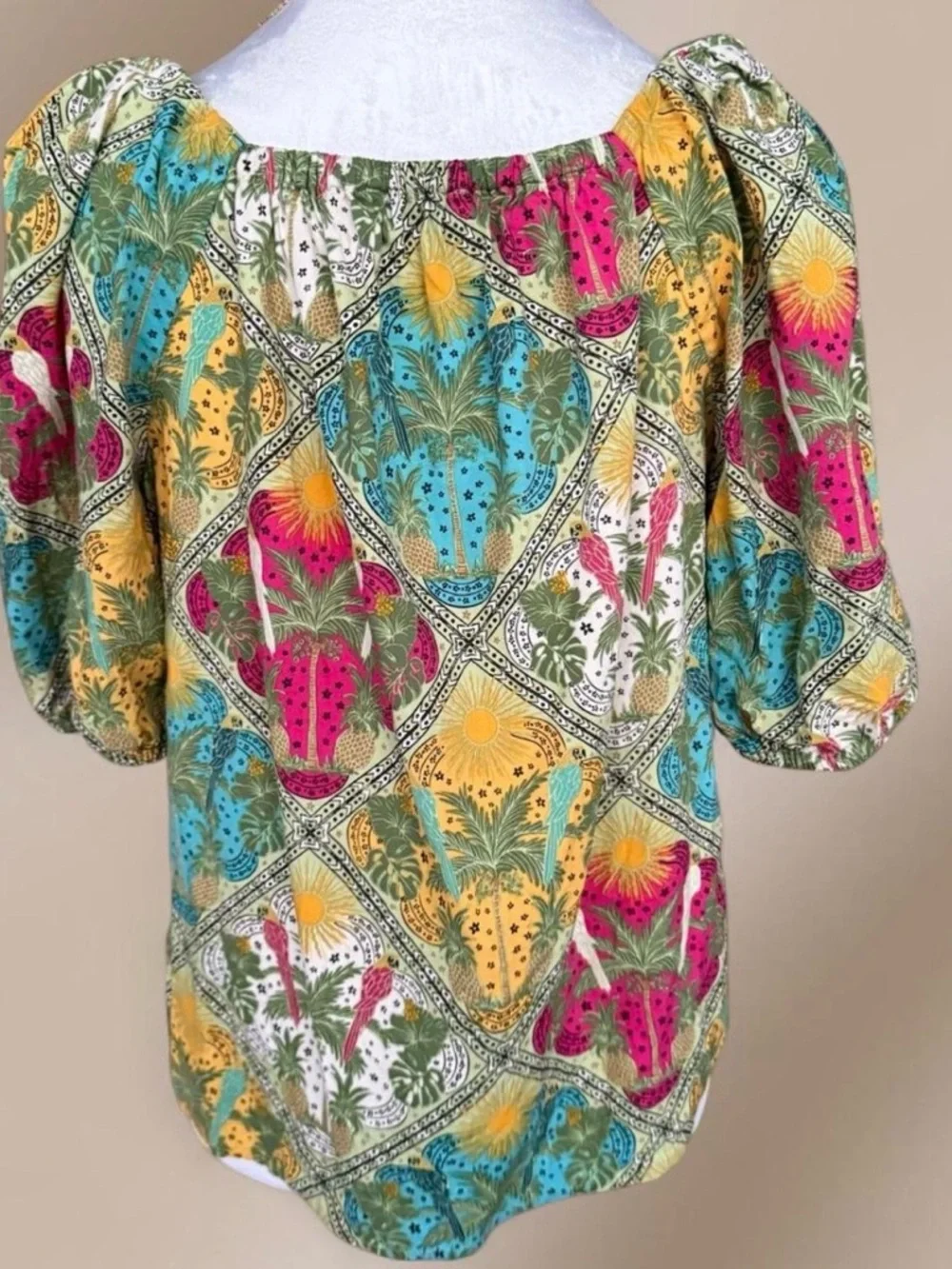 LOFT Tropical Patchwork Blouse Palm Tree Square Neck Puff Sleeve Size Small